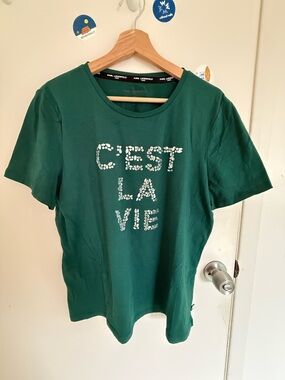 New Karl Lagerfeld Forest Green 'C'EST LA VIE' Embellished Tee - Size L